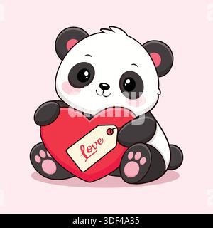 Cute Kawaii Panda Illustration Holding a Red Heart with Love Tag for Valentine's Day Design Stock Vector