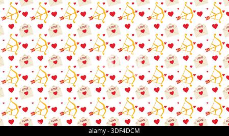Valentine's Day Seamless Pattern with Cupid's Bow, Love Letters, Envelopes and Red Hearts Stock Vector