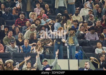 A large crowd of people, many wearing cowboy hats, are seated in rows of dark seats, appearing to watch an event. Stock Photo