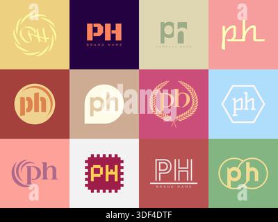 PH logo company template. Letter p and h logotype. Set different classic serif lettering and modern bold text with design elements. Initial font typog Stock Vector