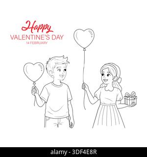 Happy Valentine's Day Coloring Page with Boy and Girl Holding Heart Balloons and Gift Box for Kids. Stock Vector