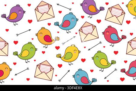 Cute Valentine's Day Seamless Pattern with Colorful Birds, Love Envelopes, Hearts and Cupid Arrows Stock Vector