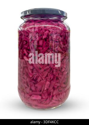 Pickled red cabbage in glass jar isolated on white with clipping path included Stock Photo