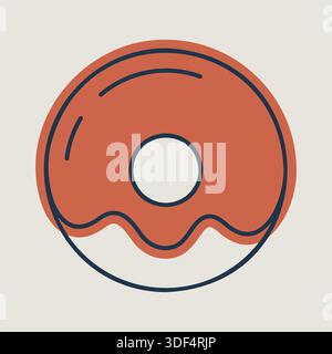A linear icon with a partial color fill showing a classic ring donut with sweet pink glaze. Perfect for bakery, dessert, and confectionery concepts. Stock Vector