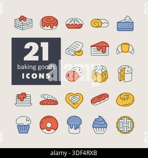 A set of 21 modern outline style icons for baking goods, pastries and bakery products. Perfect for branding, packaging, apps and websites. Includes cr Stock Vector