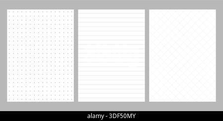 Diary sheet and notepad page template set. Lined or grid pattern for classic journal and office memo book. Printable Vector illustration Stock Vector