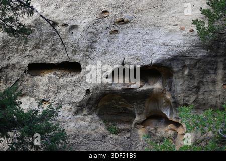 Eroded sandstone cliff face with natural alcoves and cavities at Mesa Verde National Park, Colorado, USA, in close view showing layered rock textures. Stock Photo