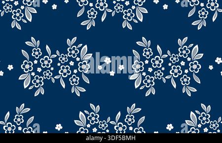 Seamless pattern of floral element. White flowers on dark blue background. Bouquets of flowers and leaves in vintage style. Ancient elegance embroider Stock Vector