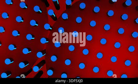 Abstract image ormed by vertical and parallel extruded cylinders of metallic gray,color with a background of a red sphere, illuminated with blue ligh Stock Photo