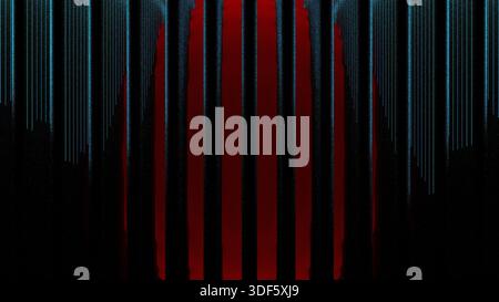 Abstract image ormed by vertical and parallel extruded cylinders of metallic gray,color with a background of a red sphere, illuminated with blue ligh Stock Photo