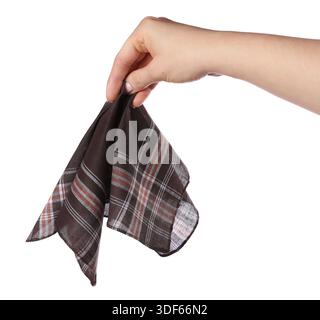 Woman holding brown handkerchief on white background, closeup Stock Photo