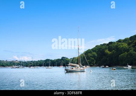 Sailing boat moored on the calm waters of the River Dart on a sunny day in summer, Dittisham, Devon, England, UK.  sailing boats sailboat sailboats Stock Photo