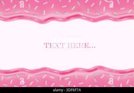 realistic illustration. Pink liquid chocolate border with sprinkles. Melting ice cream and icing drops flow down with copy space. Stock Vector