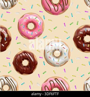 realistic vector illustration. Colorful doughnuts with chocolate glaze pattern with sprinkles. Stock Vector
