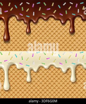 realistic vector illustration. Dark and white chocolate cream sweet glaze melting on a waffle with colorful sprinkles. Stock Vector