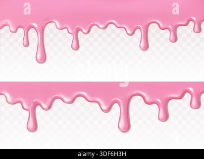 realistic illustration. Pink liquid chocolate border. Melting ice cream, color paint, icing drops flowing down, nail polish texture Stock Vector