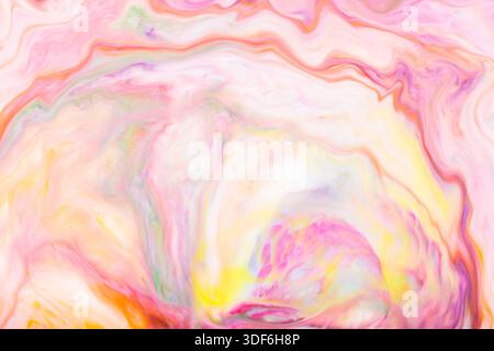 Pastel Pink Orange Yellow Marbled Soap Bubble Abstract Background with Fluid Swirl Pattern Stock Photo