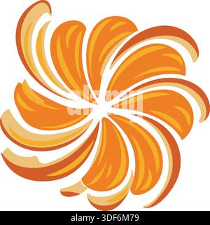 A bright orange pinwheel style floral swirl with layered petals forming a circular burst. Stock Vector