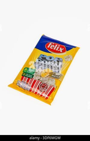 Lviv Ukraine 12.07.2025 The packet contains popcorn with flavoring options. It is placed on a white background, showing the brand and details clearly. Stock Photo