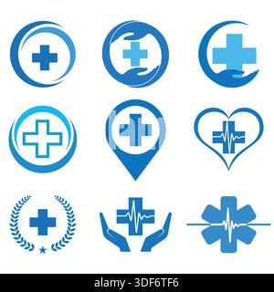 Illustration set of healthcare logos. Blue medical cross with a pulse on a white background Stock Vector