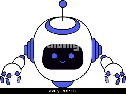 Friendly, round cartoon robot with a smiling face, blue eyes, and matching blue accents on its head, antenna, and hands. Perfect for abstract designs, Stock Vector