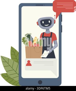 Illustration of smiling robot cashier displayed on a smartphone screen with groceries in a paper bag, symbolizing online shopping, robotic assistance, Stock Vector