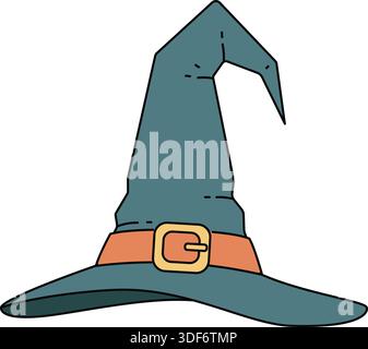 Stylized cartoon witch hat in teal with a wide brim, an orange band, and a gold buckle. A classic Halloween symbol perfect for festive designs, costum Stock Vector