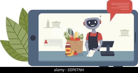Illustration of smiling robot cashier displayed on a smartphone screen with groceries in a paper bag, symbolizing online shopping, robotic assistance, Stock Vector