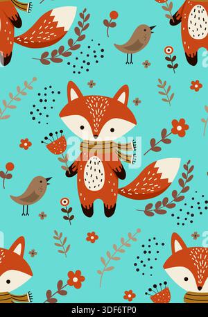 Adorable seamless pattern featuring cartoon foxes, stylized flowers, leaves, and geometric circles as abstract background. Ideal for fabric, wallpaper Stock Vector