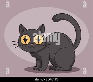 Adorable cartoon black cat with large, sparkling yellow eyes and a friendly expression. Perfect for pet themes, children's designs, or adding charm to Stock Vector