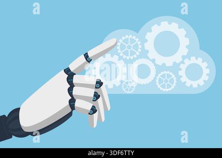 Robotic hand reaches toward a cloud icon filled with interlocking gears, symbolizing futuristic technology, automation, and cloud technology. Ideal fo Stock Vector