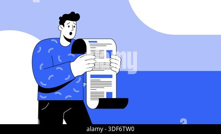 Cartoon man in a blue patterned sweater holds a document, bill, tax check, eyes wide and mouth open in shock. Ideal for illustrating bad news, or unex Stock Vector