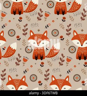 Adorable seamless pattern featuring cartoon foxes, stylized flowers, leaves, and geometric circles as abstract background. Ideal for fabric, wallpaper Stock Vector
