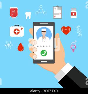 Mobile medicine, online doctor. Hand holding smartphone with medical app. Modern flat design graphic concept, thin line icons set for web banners, web Stock Vector
