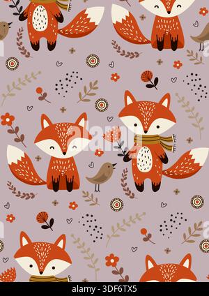 Adorable seamless pattern featuring cartoon foxes, stylized flowers, leaves, and geometric circles as abstract background. Ideal for fabric, wallpaper Stock Vector
