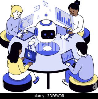 Diverse people work on gadgets around a table with a smiling robot assistant, surrounded by data charts and icons. Ideal for abstract, teamwork, or mo Stock Vector