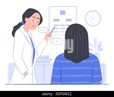Ophthalmologist Eye Doctor Tests the Patient's Eyesight with Snellen Chart in Hospital's Optometry Clinic for Eye Health Check-Up, Visual Acuity Test Stock Vector