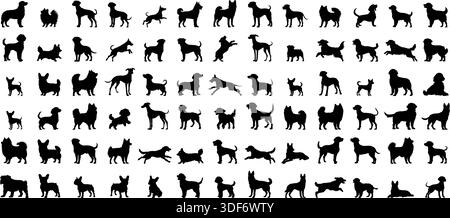 Dogs silhouette in different poses isolated on white background. Stock Vector