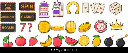 Gambling icon set. Pixel art object in 8 bit style. Jackpot, coins, dice, playing cards, fruits, horseshoe, crown, bomb Stock Vector