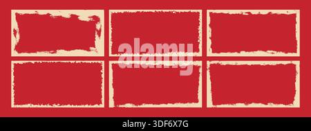 Vintage distressed border frames collection. Horizontal rectangle grunge edges with rough ink texture and uneven corners. Retro frame kit Stock Vector