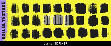 Grunge ink roller stamp texture set. Rough black brayer rectangles with dusty distress edges on yellow bg. Linocut print overlays Stock Vector