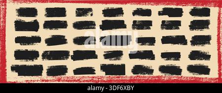 Ink roller stroke texture collection. Rough black brayer rectangles with distressed grain on beige bg and grunge red frame border Stock Vector