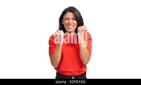 Woman celebrating success with clenched fists on transparent background Stock Photo