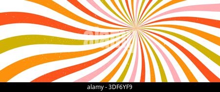 Vibrant groovy sunburst background, retro style. Colorful spiral swirl pattern with grunge effect. Abstract twisted rays. Funky bg Stock Vector