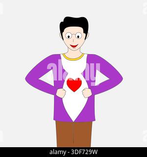 A cartoon man is wearing a purple shirt with a heart on it. He is holding his stomach and smiling Stock Vector