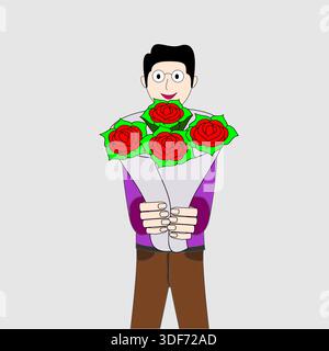 A man is holding a bouquet of roses. The roses are red and green. The man is smiling and he is happy Stock Vector