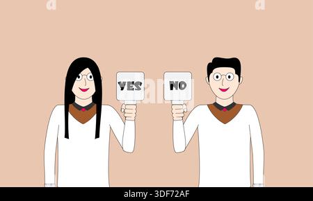 Two people holding up signs that say "Yes" and "No". The image has a playful and lighthearted mood Stock Vector