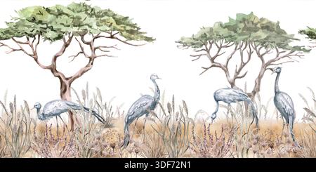 Watercolor African savanna seamless border with baobab and acacia trees ...