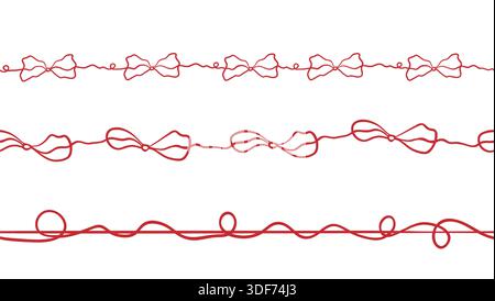 Red bows and ribbons, hand-drawn seamless borders. Vector illustration. Festive bows on a white background. For holidays, Valentine's Day, greeting ca Stock Vector