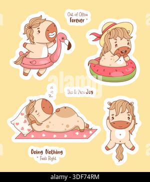 Cute Little resting Horse Stickers. Isolated Funny cartoon Sleepy Pony, Beachgoer Animal with inflatable pink flamingo, Swimming On Watermelon Ring an Stock Vector